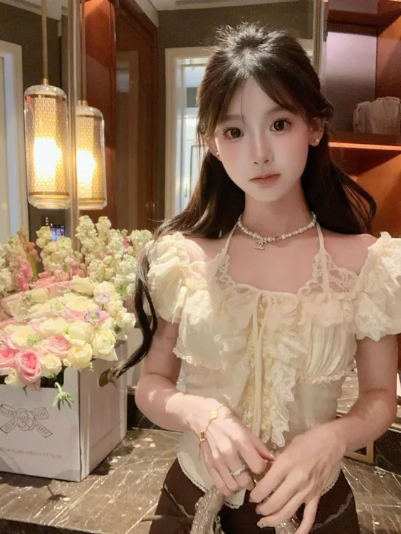 法式复古系绑蝴蝶结甜辣修身露肩短袖衬衫上衣+蕾丝拼接开叉短裙