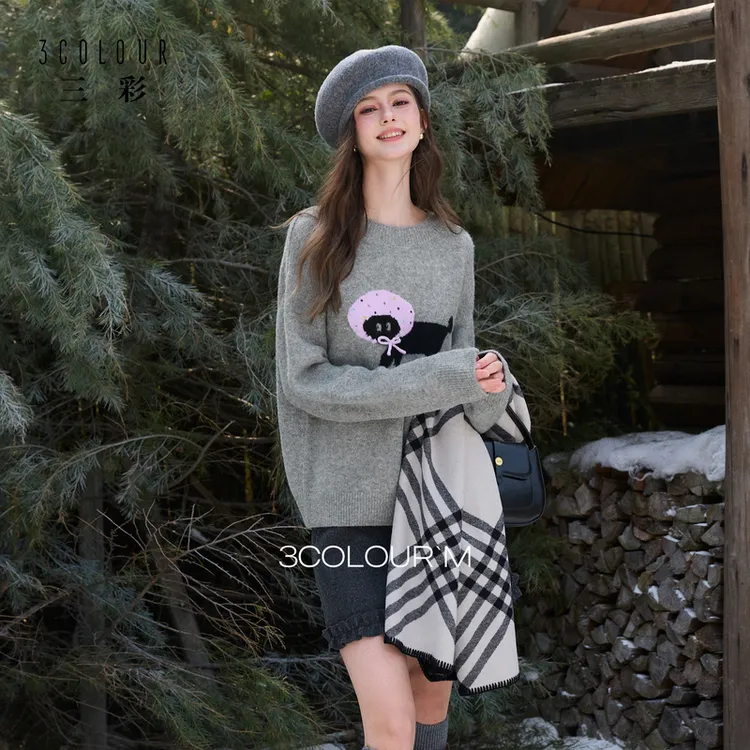 三彩2025冬季新款可爱猫咪蝴蝶结针织衫长袖圆领套头毛衫上衣M