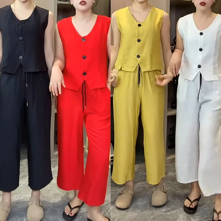夏季新款薄款洋气减龄棉麻无袖开叉马甲高腰九分直筒裤显瘦两件套