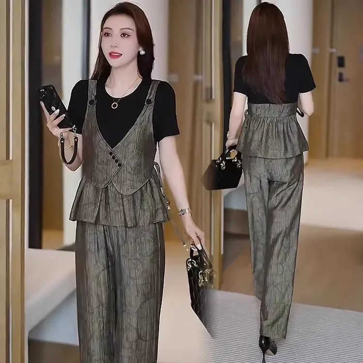 小香风时尚套装女2025夏装新款设计感假两件上衣阔腿裤减龄两件套