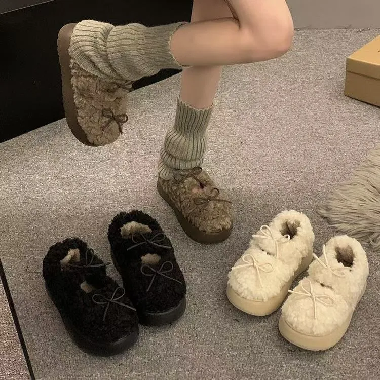 Miu系穿搭~白色一脚蹬厚底毛毛鞋女2025新款秋冬外穿加绒保暖棉鞋