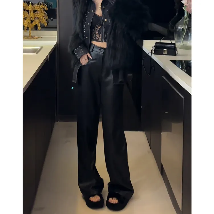 垂感窄版阔腿休闲裤女款秋季爆款2025新款宽松显瘦直筒拖地PU皮裤