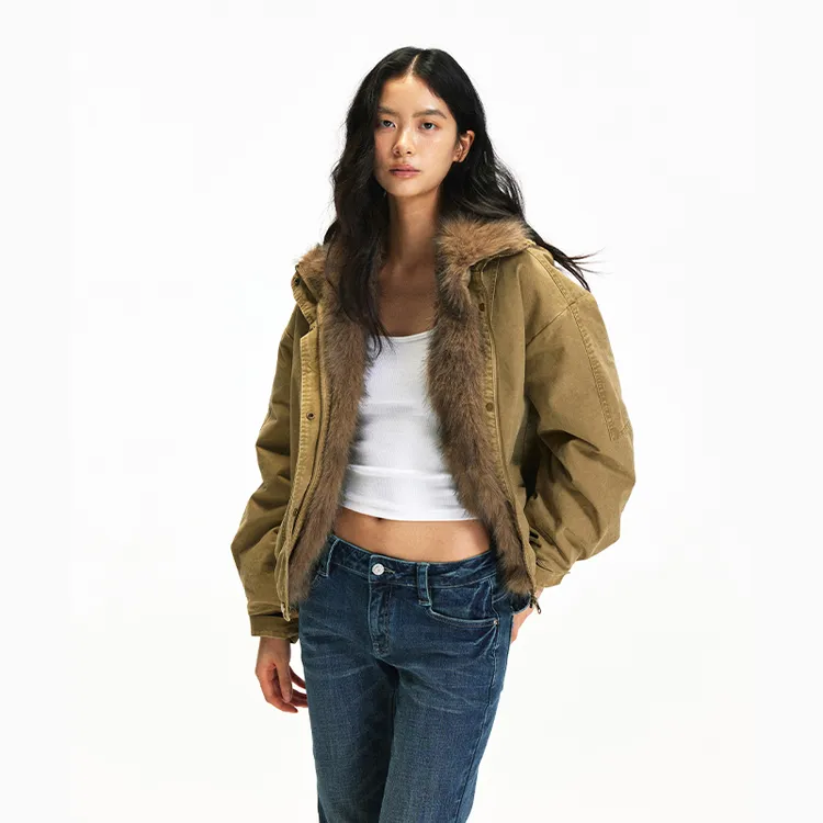 UnderStress 深卡其可拆卸毛领棉服外套派克服美式复古显瘦秋冬