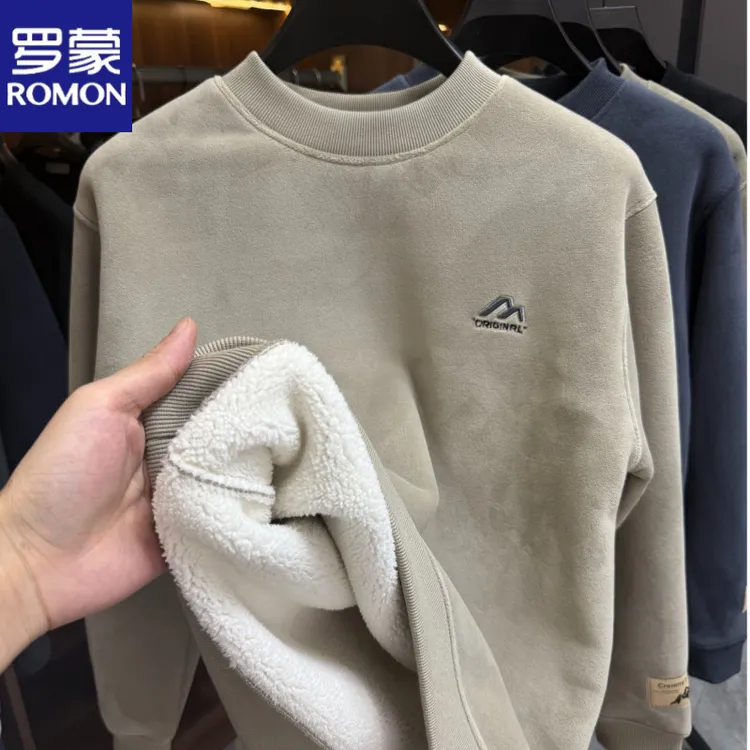 罗蒙男士冬季新款加绒加厚圆领休闲卫衣时尚刺绣套头保暖打底衫男