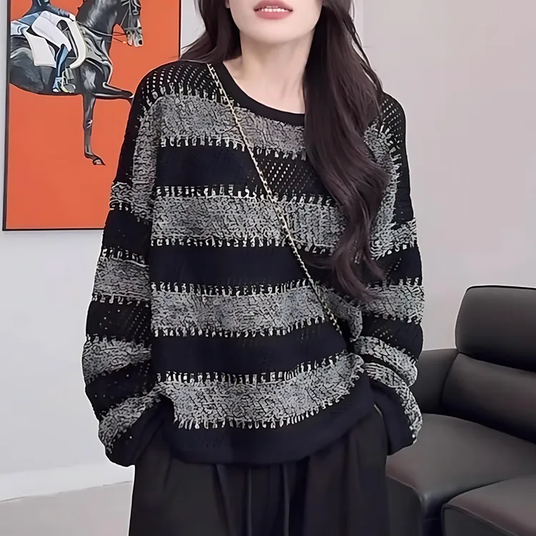 百搭老钱风女装秋冬新款显瘦遮肚针织衫上衣欧货条纹撞色长袖毛衣