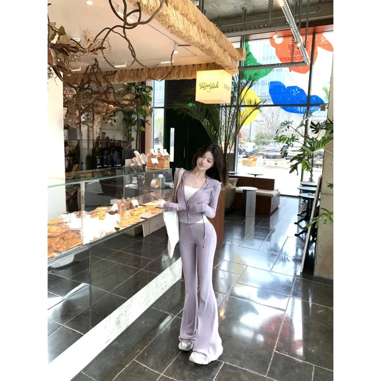辣妹风休闲套装女秋季新款修身连帽长袖开衫外套高腰微喇裤两件套