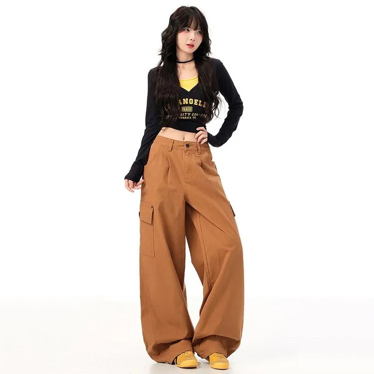偶句设计感美式复古辣妹弯刀裤百搭显瘦多口袋阔腿工装休闲裤