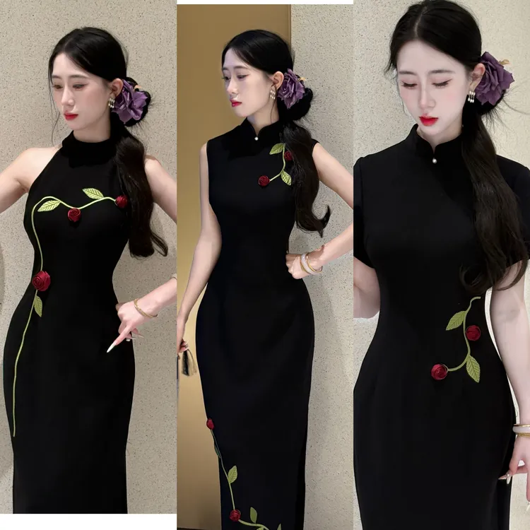 LHMknk1画报夫人原创自制手工立体玫瑰花新中式黑色旗袍 玫瑰皇后