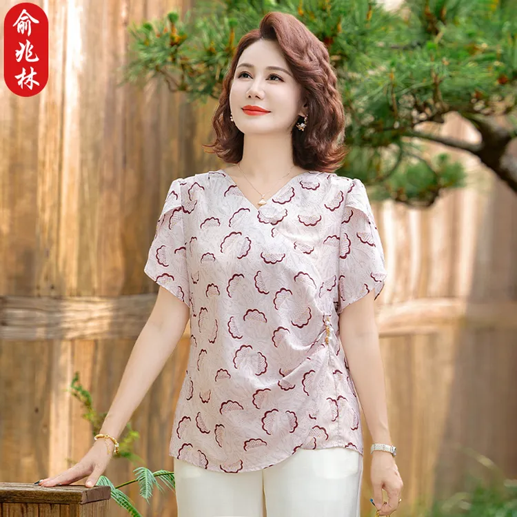 俞兆林中年妈妈夏装雪纺小衫端庄大气套装中老年女装夏季短袖T恤