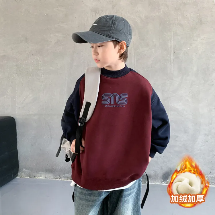 男童中大童冬装卫衣2025新款加绒卫衣字母印花拼色款潮酷休闲上衣