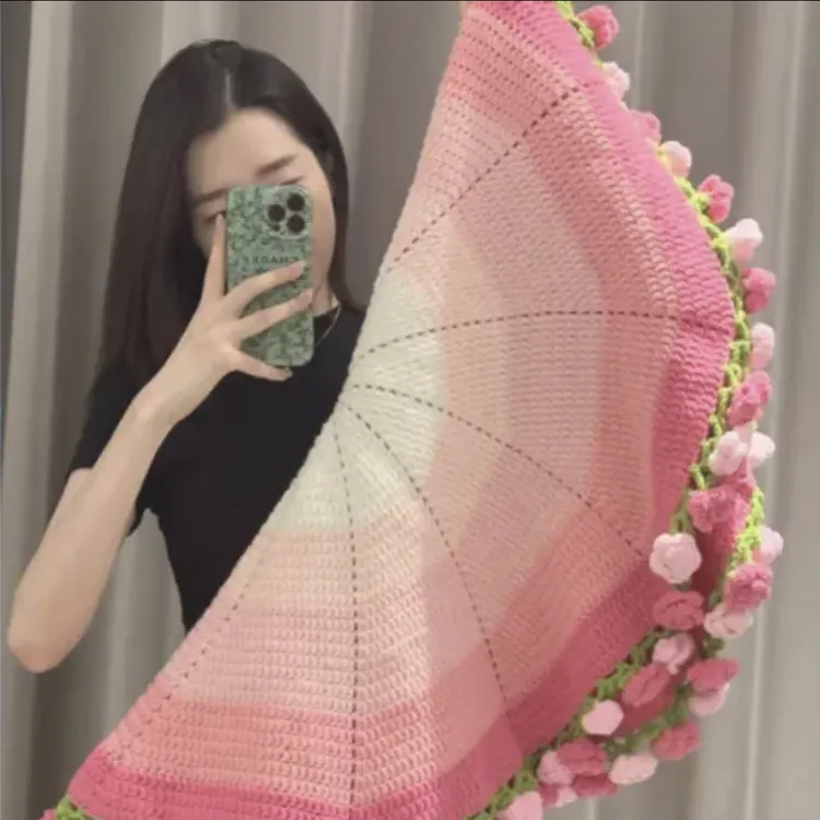 渐变粉色玫瑰毯子变花束毯子空调盖毯毛线钩针织手工礼物材料包礼