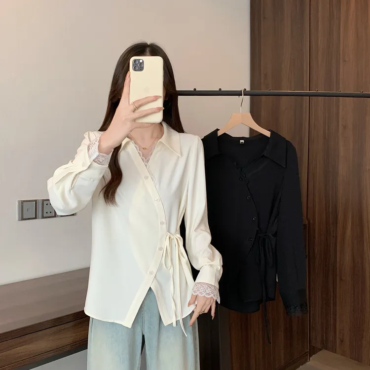 大码女装2025秋季法式小衫设计感显瘦小众不规则绑带衬衫63950