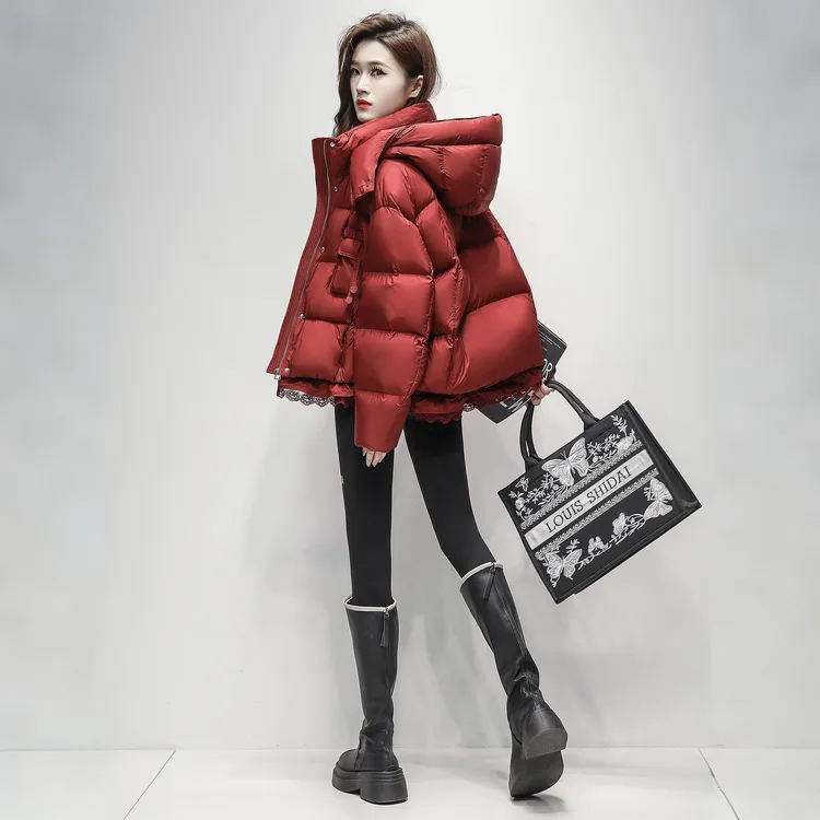 时尚红色短款羽绒服女小个子2025冬季新款洋气连帽防寒鸭绒厚外套