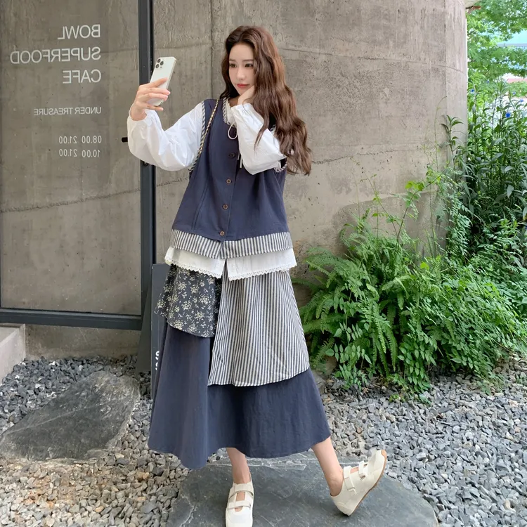 小众独特好看chic套装裙女2025秋季新款条纹拼接马甲半身裙三件套