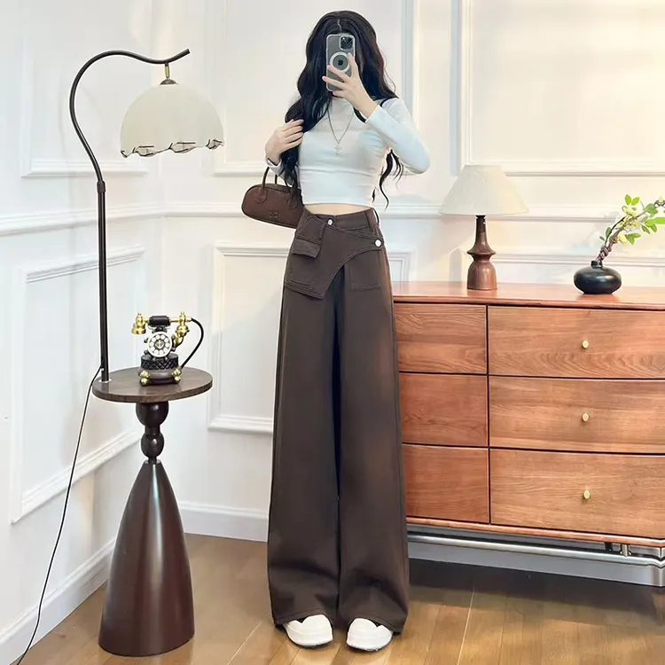 喜绚咖啡色时髦阔腿牛仔裤女2025春秋季新款潮流宽松辣妹直筒裤子