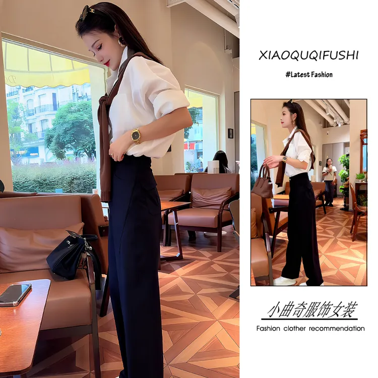 超火秋冬季穿搭一整套女2025新款韩版高级感衬衫披肩直筒裤两件套