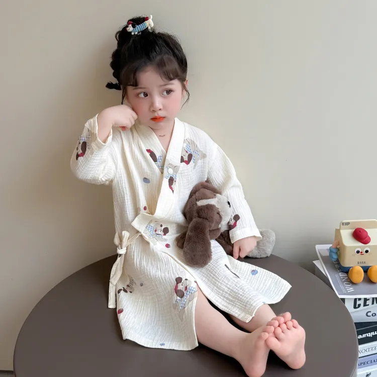春秋夏季纯棉纱布男女童儿童游泳浴衣全棉薄款长袖家居袍睡袍浴袍