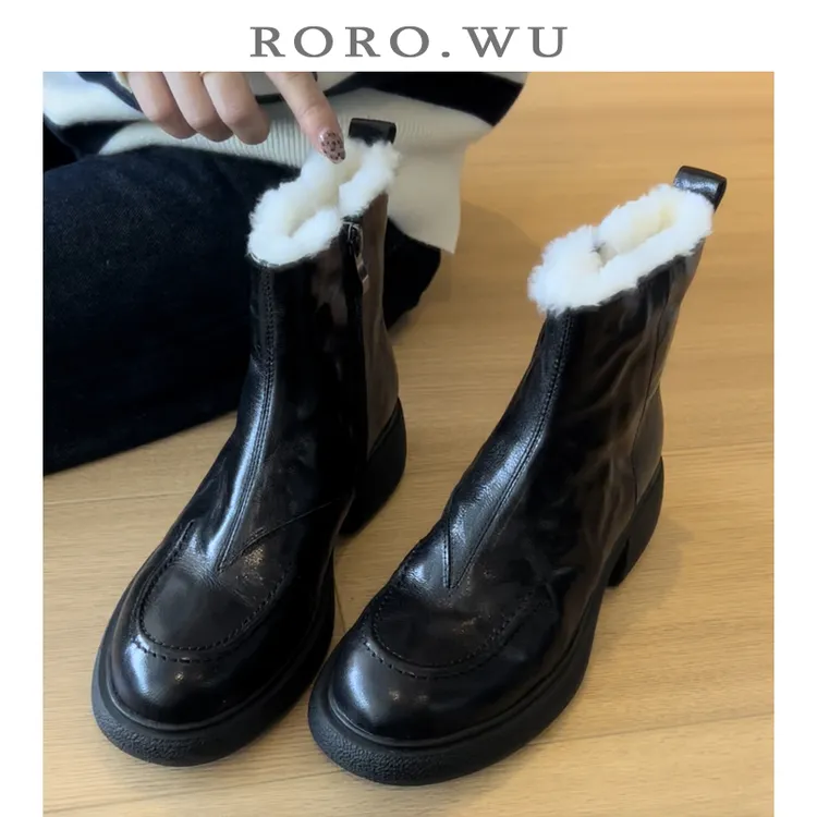 娆娆吴·羊皮冬季加绒加厚侧拉链马丁靴防滑静音百搭雪地靴女X179