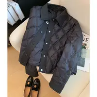 黑色菱格polo领棉服女秋冬新款短款小个子设计感轻薄棉衣外套