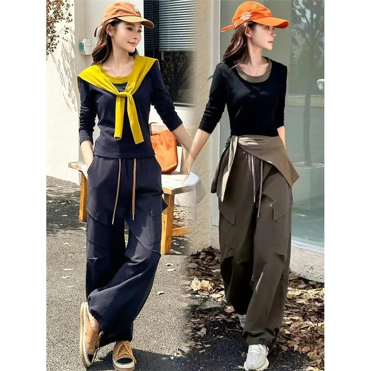 轻奢时尚套装女2025秋季新款修身显瘦长袖撞色T恤披肩工装裤三件