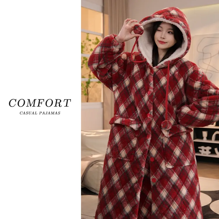 Nuodun/诺盾2025冬季三层夹棉睡袍女士保暖珊瑚绒睡衣家居服外穿