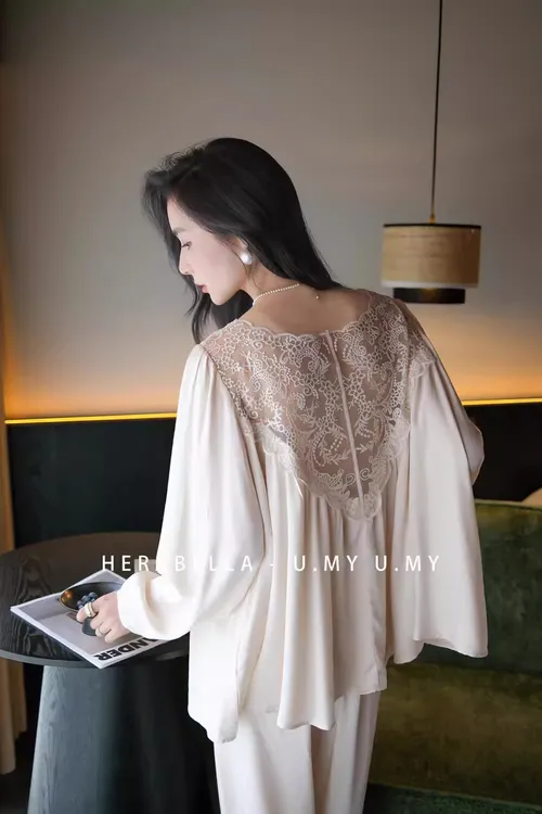 秋季高级轻奢蕾丝圆领开衫超柔贡缎棉睡衣女刺绣镂空家居服两件套