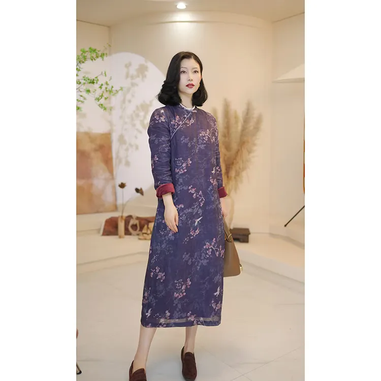 原形2025秋冬季新款文艺复古加绒加厚苎麻新中式连衣裙91790