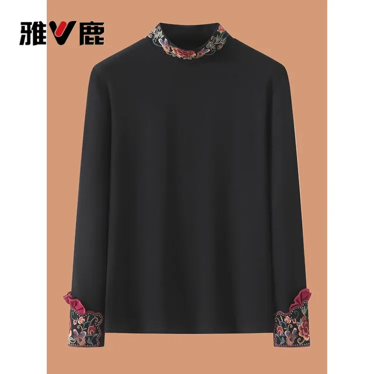 雅鹿优选新中式妈妈春秋装国风半高领打底衫中老年女装刺绣民族风