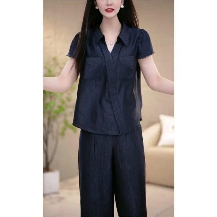 夏季优雅新款大码翻领上衣裤子两件套时尚妈妈减龄修身显瘦套装女