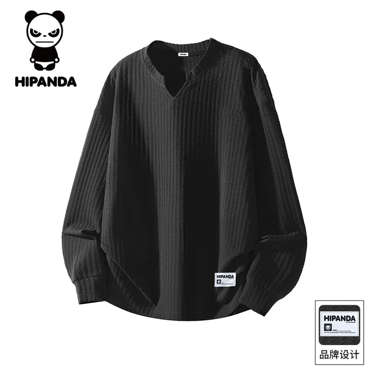 Hi Panda你好熊猫秋季新款V领长袖T恤男士潮牌宽松百搭休闲上衣服