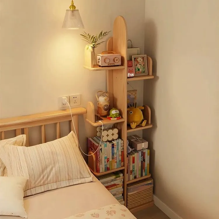 实木仙人掌书架床边收纳架落地置物架墙角夹缝储物架手办展示架子