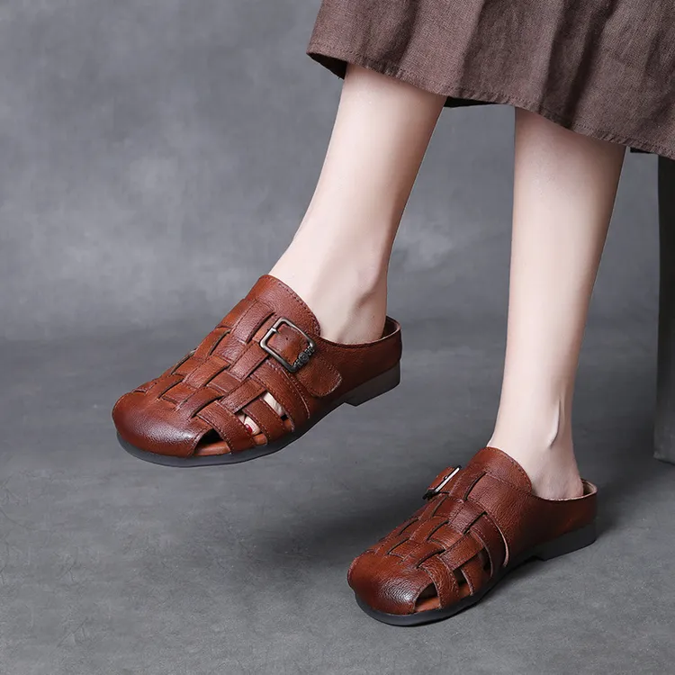 头层牛皮文艺编织包头拖鞋外穿一脚蹬复古搭扣勃肯鞋2025夏季新款