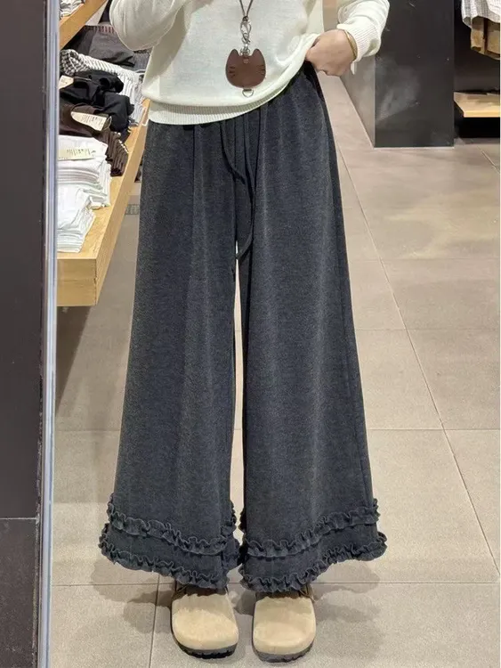 3319灰色糯米裤女垂感休闲九分小个子阔腿花边裤
