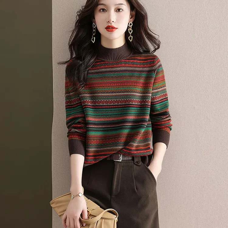 专柜正品半高领高档100%羊绒衫女秋冬复古提花2025新款百搭针织衫