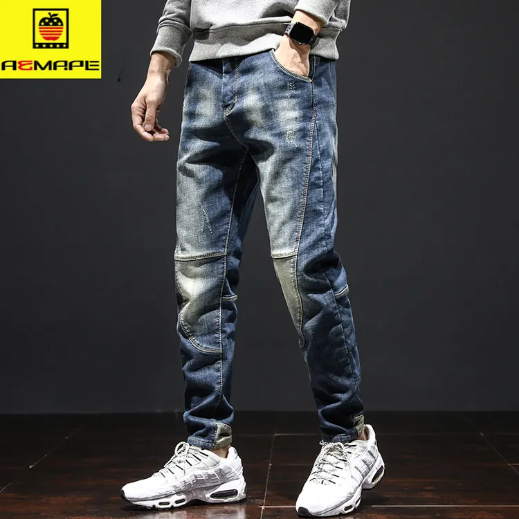 AEMAPE牛仔裤潮男休闲裤拼接斜插口袋兜弹力修身小脚男裤加绒加厚