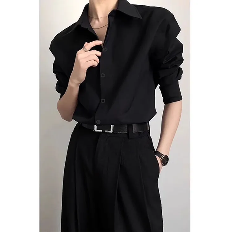 那不勒斯黑色衬衫男长袖痞帅垂坠感暗扣衬衣叠穿冷淡系高级感外套