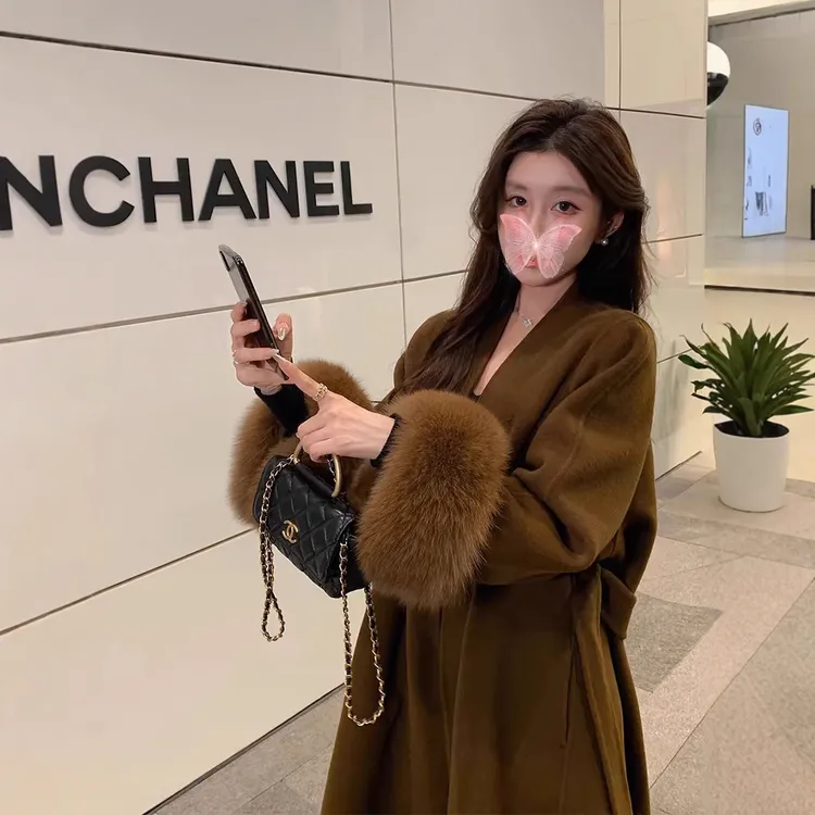 名媛小香风狐狸毛羊毛大衣女长款收腰小个子富家千金双面羊绒外套