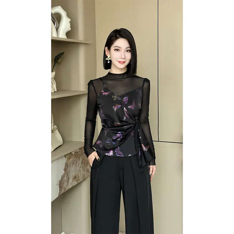 格娜2025秋季新款长袖网纱拼接设计师款气质衬衫蝴蝶结抽褶女套装