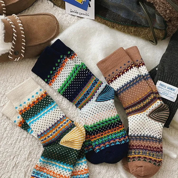 费尔岛袜子女复古条纹中筒袜时尚百搭情侣堆堆袜原创民族风粗针袜