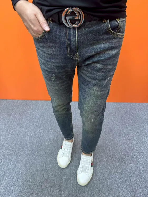 秋冬新款男士牛仔裤小脚裤裤子深蓝潮流修身弹力小脚时尚百搭长裤