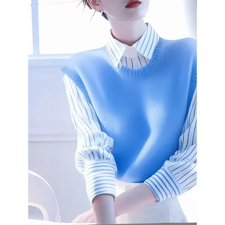 法式气质蓝色条纹衬衫女2025早春新款马甲拼接叠穿假两件长袖上衣