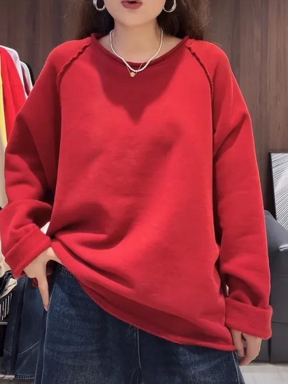 慵懒风一体绒净版糖果色毛边卫衣女2025新款宽松百搭显瘦套头上衣