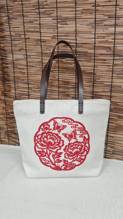 棉麻工艺 剪纸艺术包 单肩包 国风包    团圆花开富贵