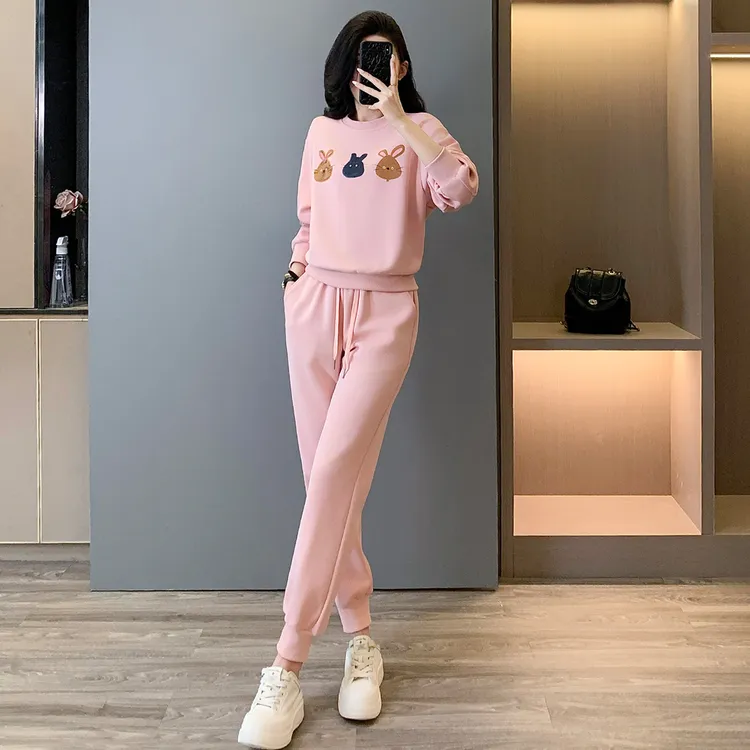 高级感时尚休闲运动套装女秋新款圆领卡通印花卫衣束脚长裤两件套