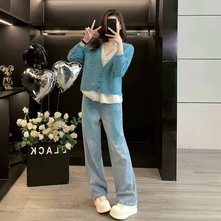成套搭配女韩版2025秋季洋气撞色假两件针织毛衣阔腿牛仔裤两件套