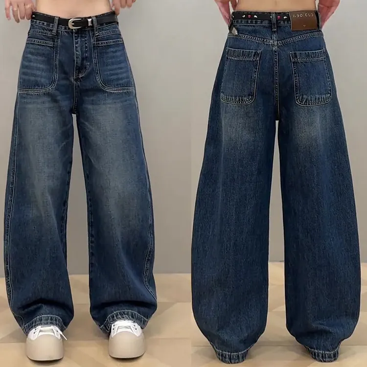 新款大码立体剪裁复古水洗阔腿裤宽松显瘦弯刀裤女高腰拖地牛仔裤