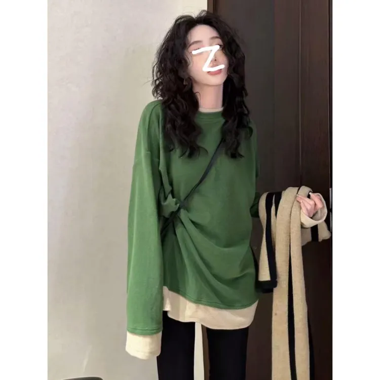 韩系百搭假两件打底衫女2025秋季新款大码胖MM宽松时尚慵懒上衣