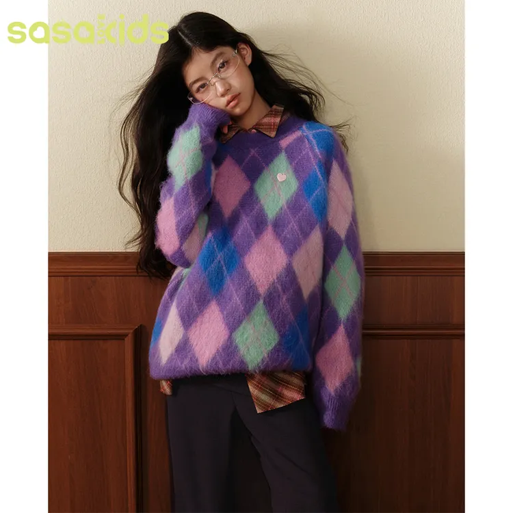 sasakids【乐队主唱】经典高饱和显白菱格刷毛绒感套头保暖毛衣女童