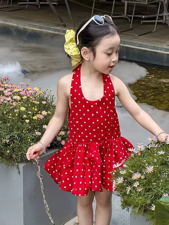 吊带衫无袖挂脖连衣裙女夏季波点花苞裙B类连衣裙套装宝宝裙子