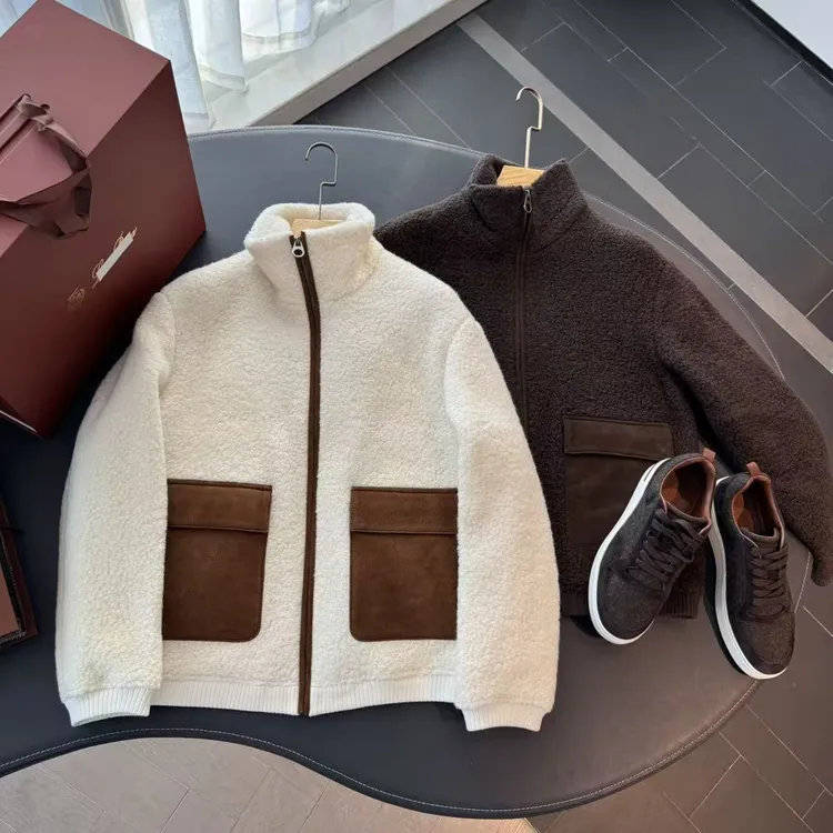 【新贵OLDMQNEY】男士新款100羊毛拼接山羊皮时尚立领加厚夹克